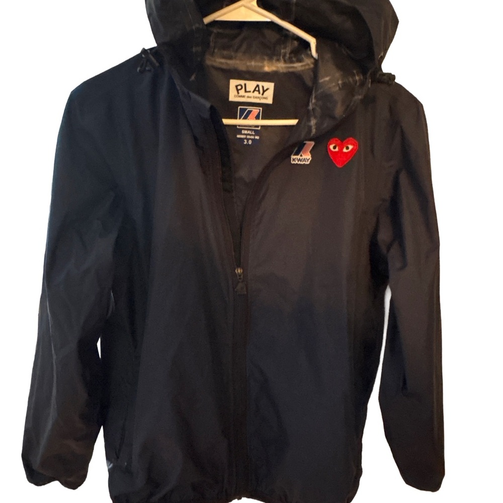 Comme des Garcons PLAY Kids Black Hooded Rain Jacket with Red Heart Patch
